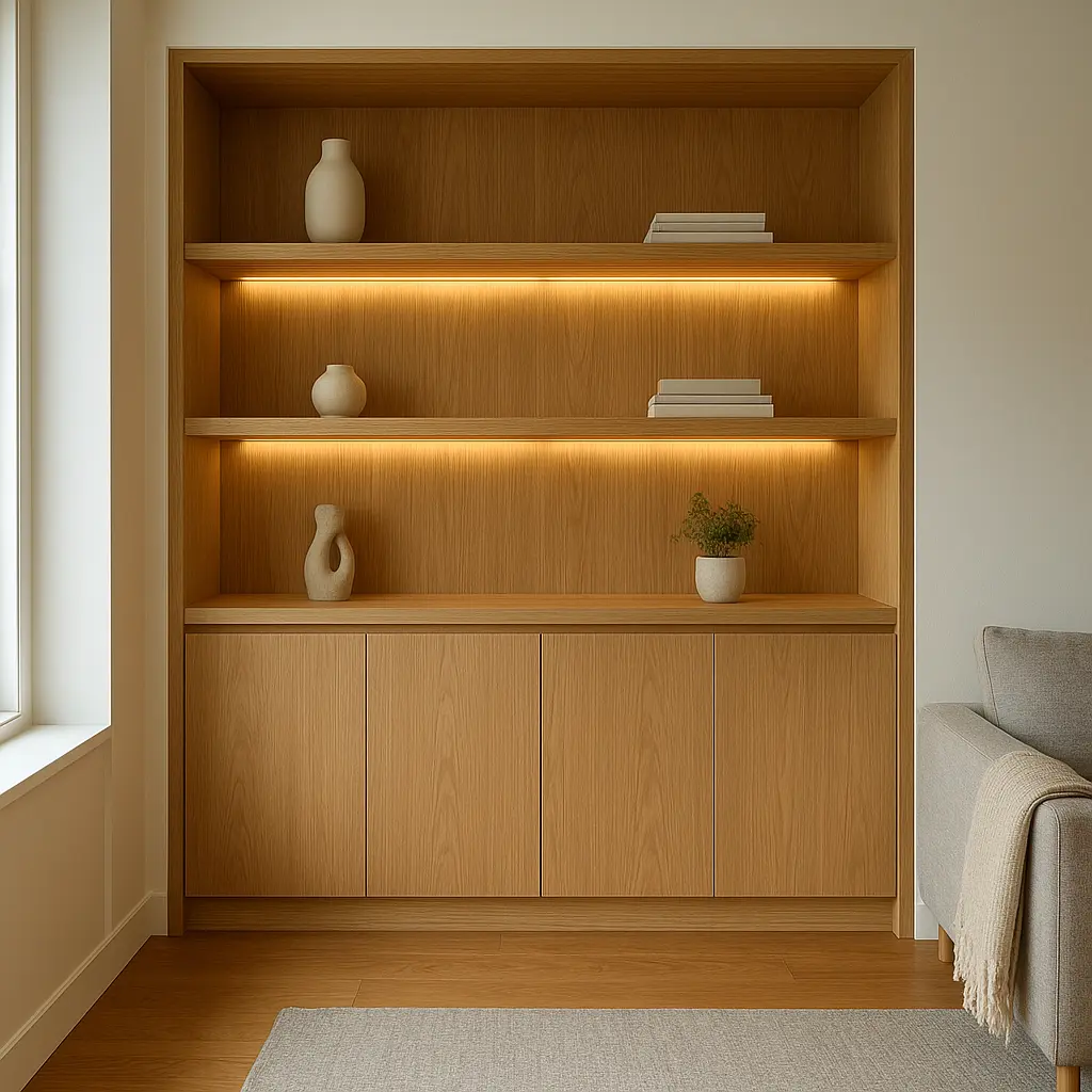 Living room alcove built-in shelves and cabinets