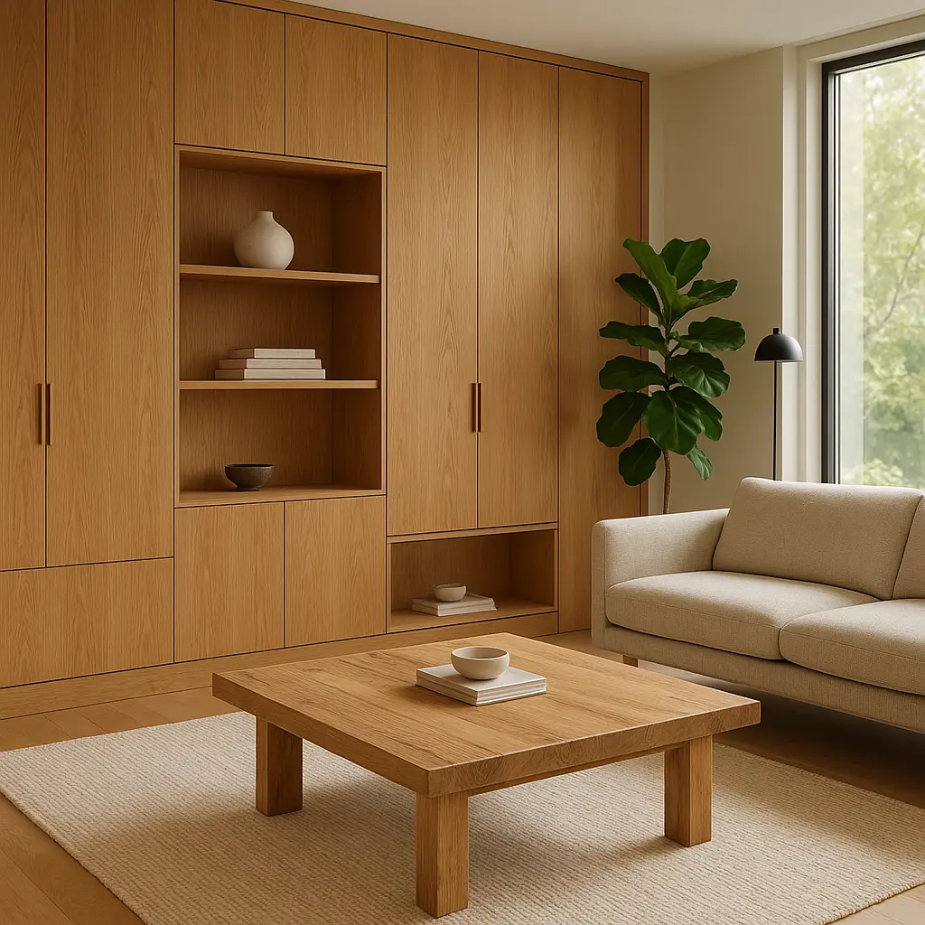 Modern living room with custom built-in cabinetry and handcrafted wooden table